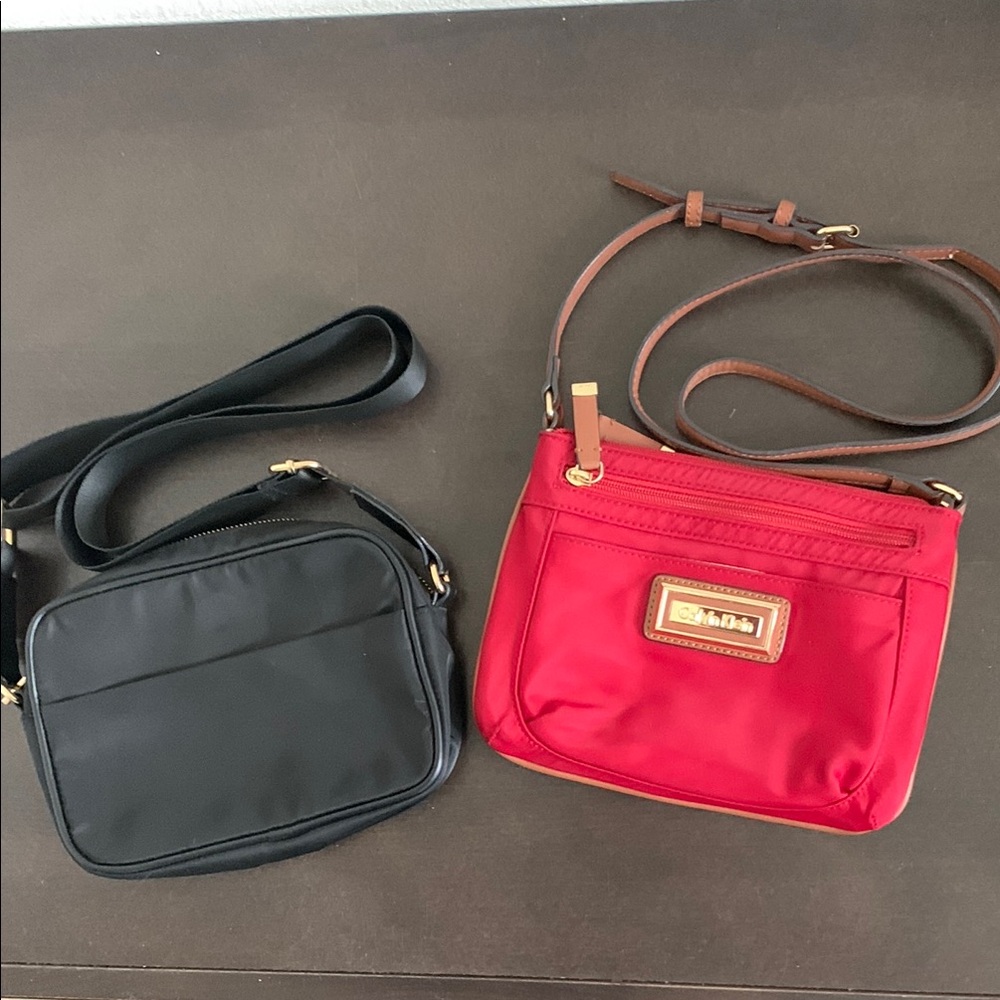 2 x Stylish Black and Red Crossbody Bags with Structured Elegance.